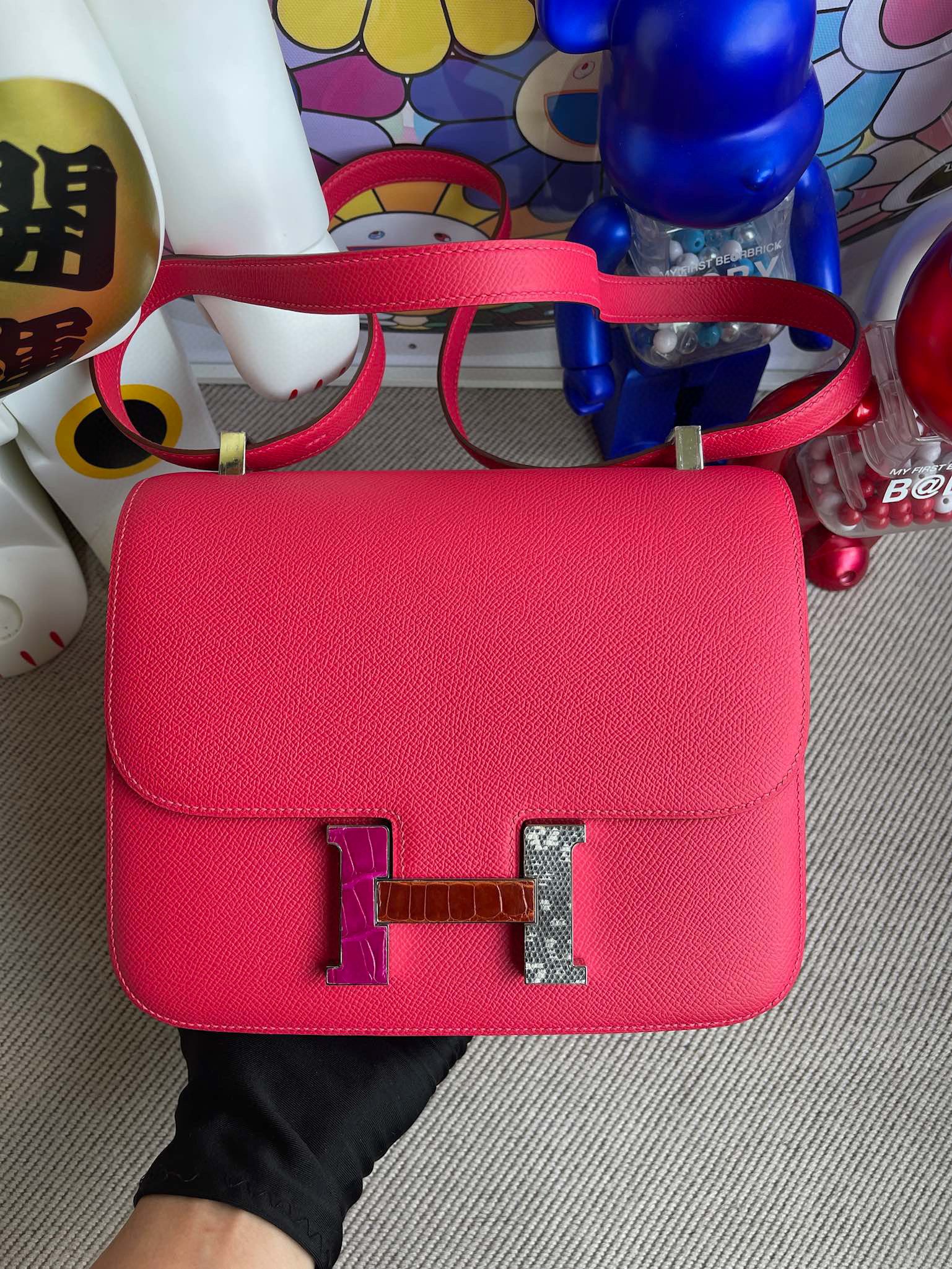 Hermes Constance 24CM Epsom Leather i6 Rose Extreme Crocodile and Lizard Skin Hardware Handmade