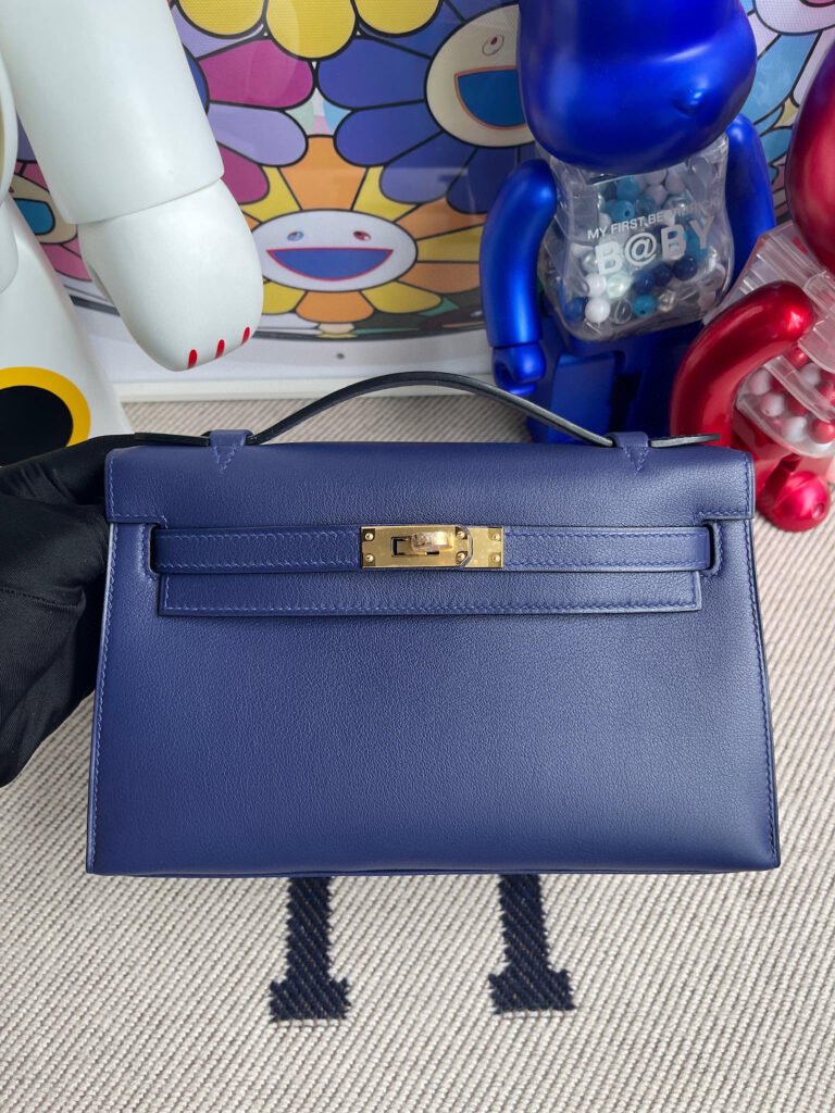 Hermes Kelly Pochette 22CM Swift Leather M3 Blue Encre Gold Hardware