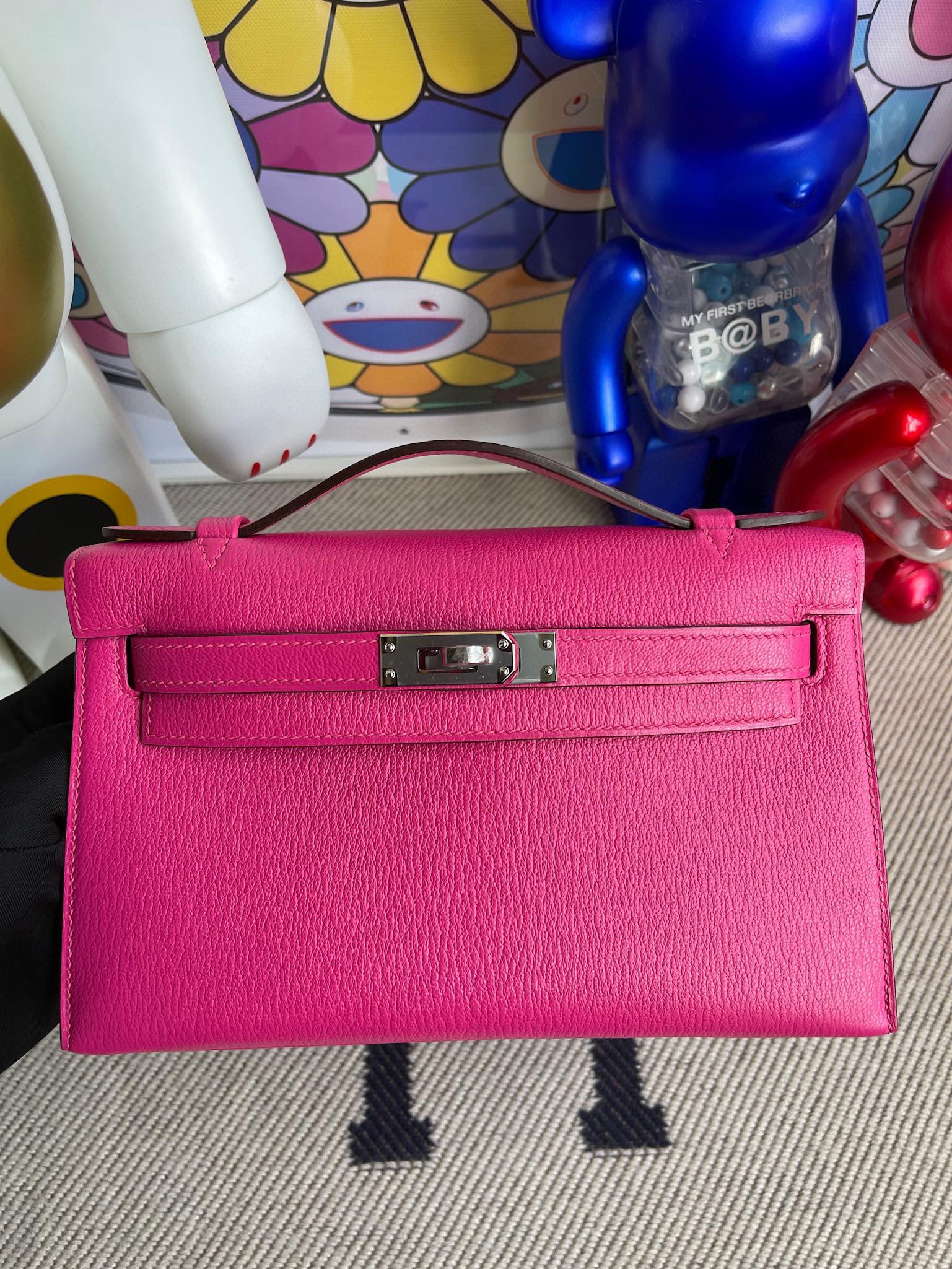 Hermes Kelly Pochette 22CM Chevre E5 Rose Tyrien Silver Hardware Clutch