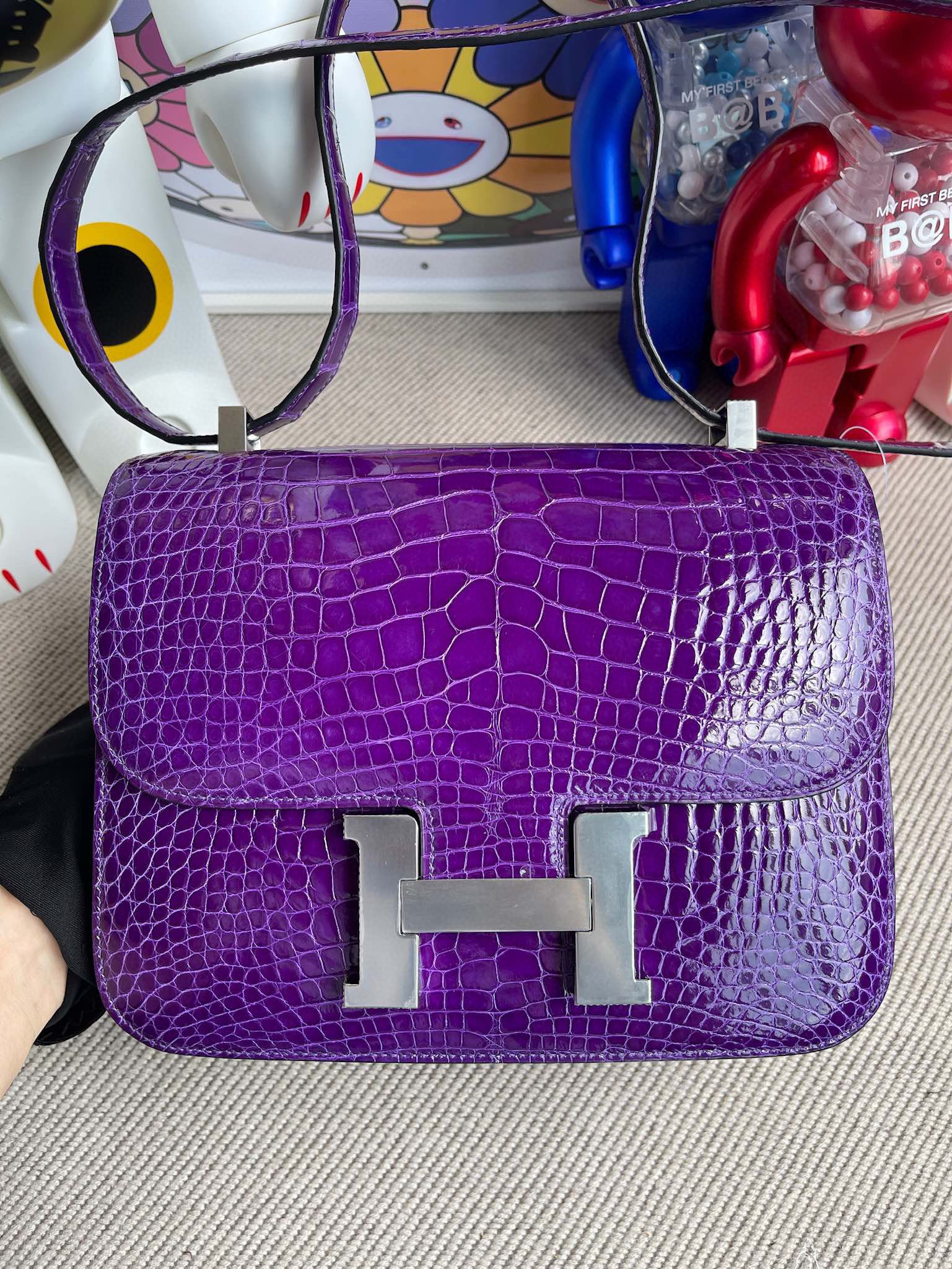 Hermes Constance 24CM Alligator Shiny Crocodile 5L Ultraviolet Silver Hardware