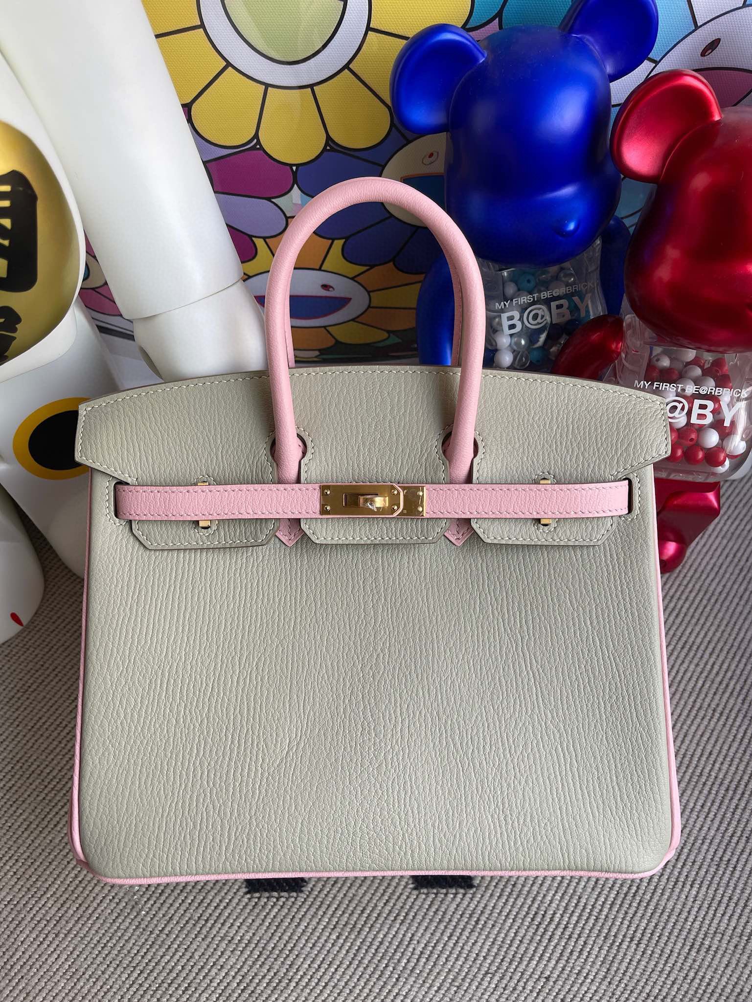 Hermes Birkin 25CM Chever CK81 Gris Tourterelle / 3Q Rose Sakura Gold hardware U Stamp