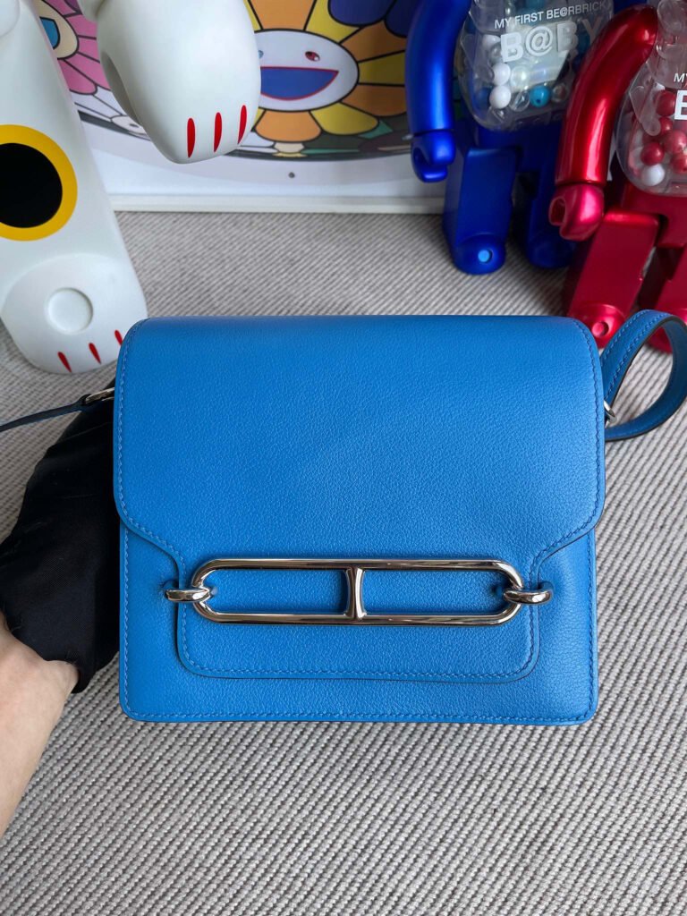 Hermes Roulis 18CM EverColor Leather 7T Blue Hydra / S3 Rose De Coeur Silver Hardware HandMade