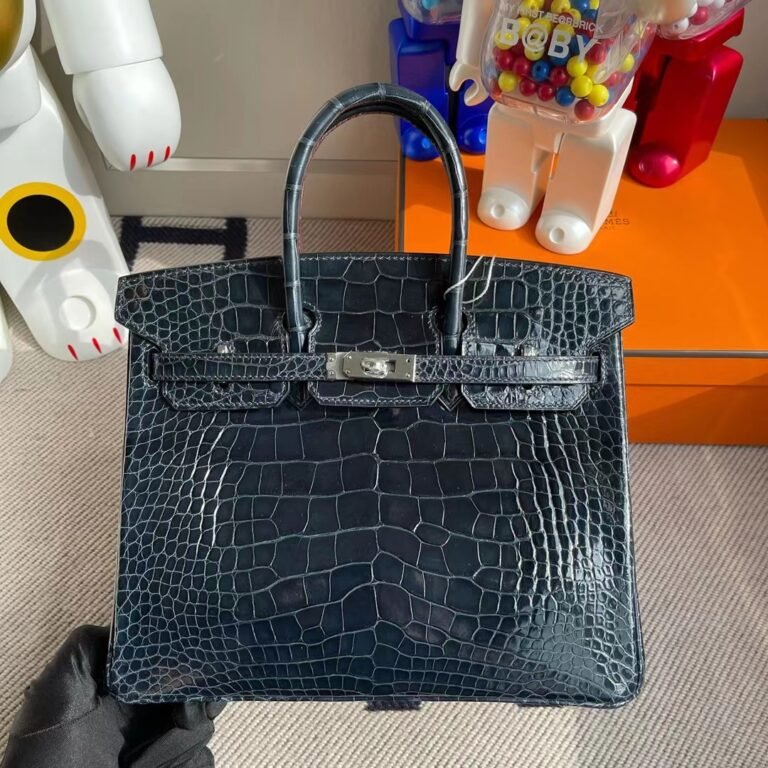 Uncle Bench Hermes Birkin shiny alligator crocodile Ck76 Deep blue silver buckle 25cm