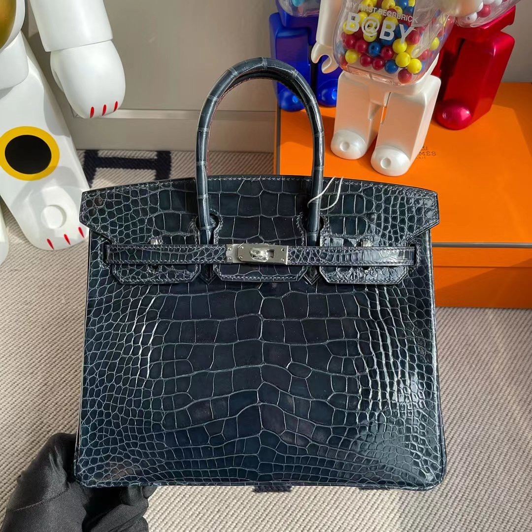 Uncle Bench Hermes Birkin shiny alligator crocodile Ck76 Deep blue silver buckle 25cm