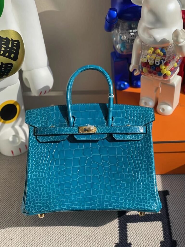 Uncle Bench Hermes Birkin shiny alligator crocodile 7w blue Gold buckle 25cm