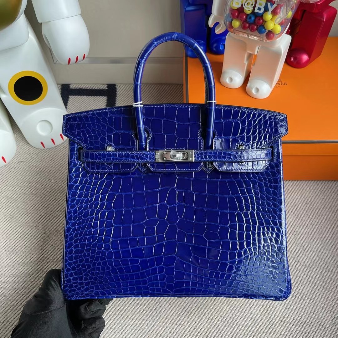 Uncle Bench Hermes Birkin shiny alligator crocodile 7T Bright blue Silver buckle 25cm