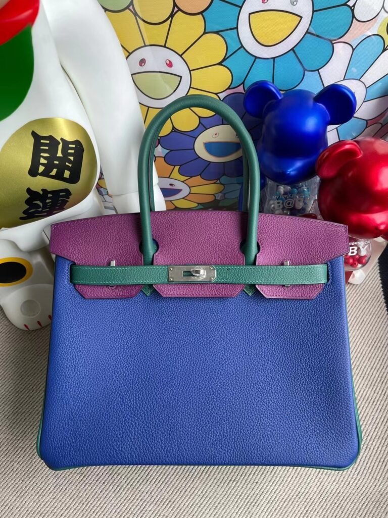 Uncle Bench Hermes Birkin Togo 7T Blue & P9 purple & Z6 Peacock green Silver buckle 30cm