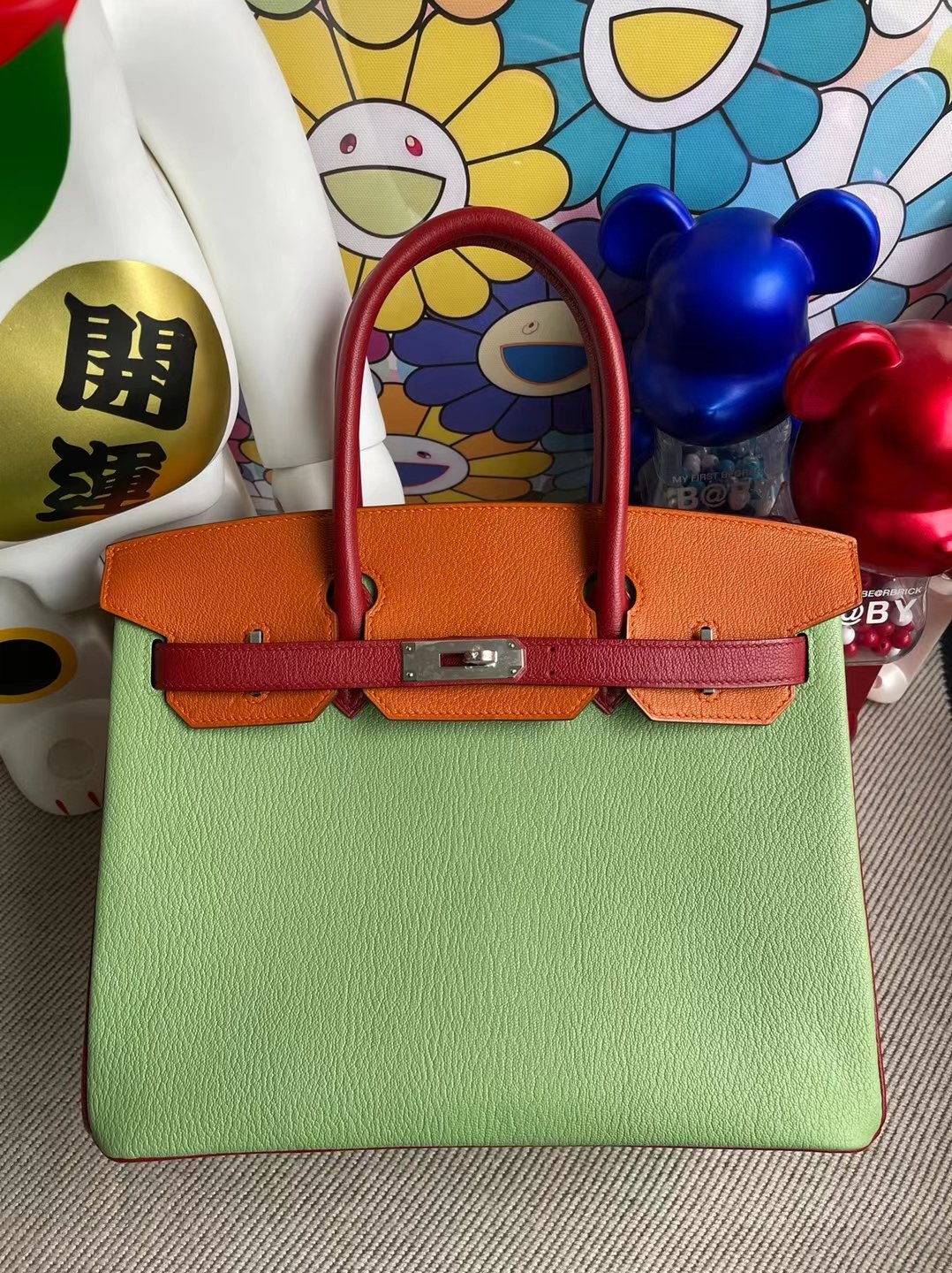 Uncle Bench Hermes Birkin Three color matching Chevre Avocado green & ck93 orange & Q5 red marks Silver buckle 30cm