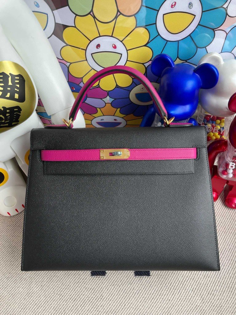 Uncle Bench Hermes Kelly Epsom black & rose purple Grinding placer gold buckle marks 32cm