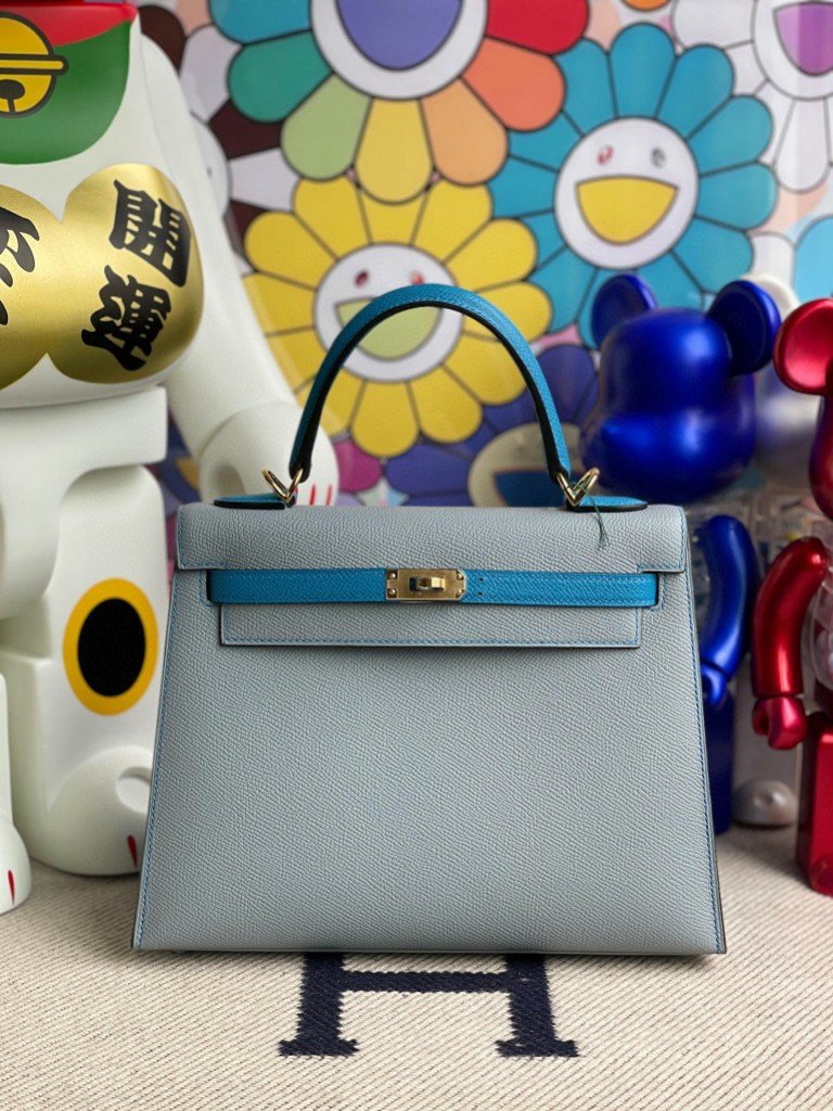 Uncle Bench Hermes Kelly Epsom linen blue & Tanzanian blue gold buckle 25cm