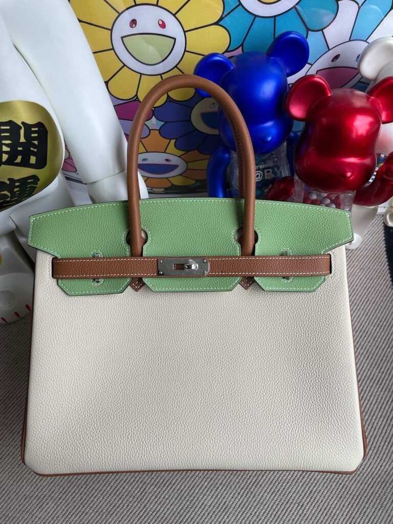 Uncle Bench Hermes Birkin 30cm Togo Craie & Avocado green & Golden brown Silver Hardware Full Handmade