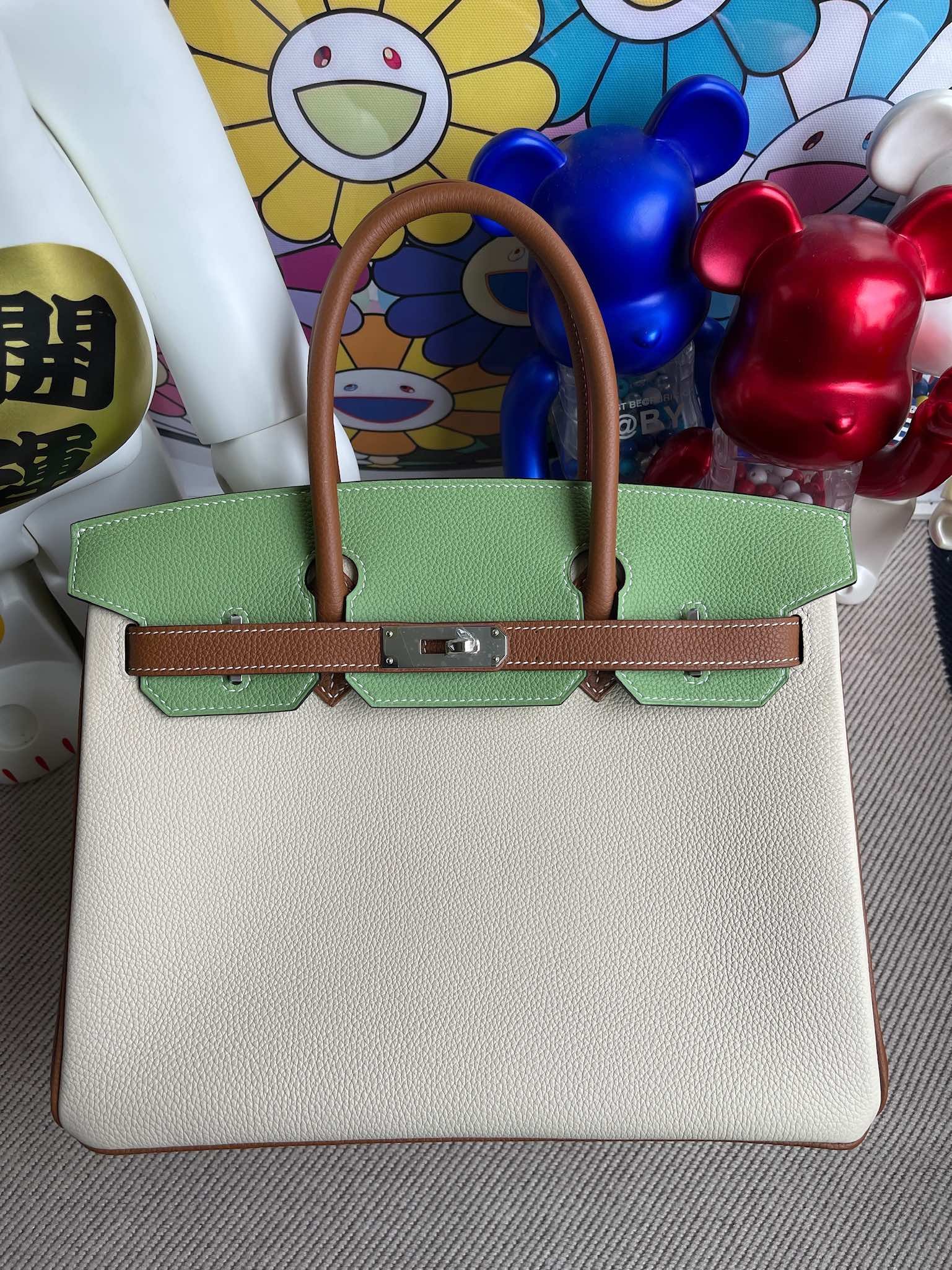 Uncle Bench Hermes Birkin 30cm Togo Craie & Avocado green & Golden brown Silver Hardware Full Handmade