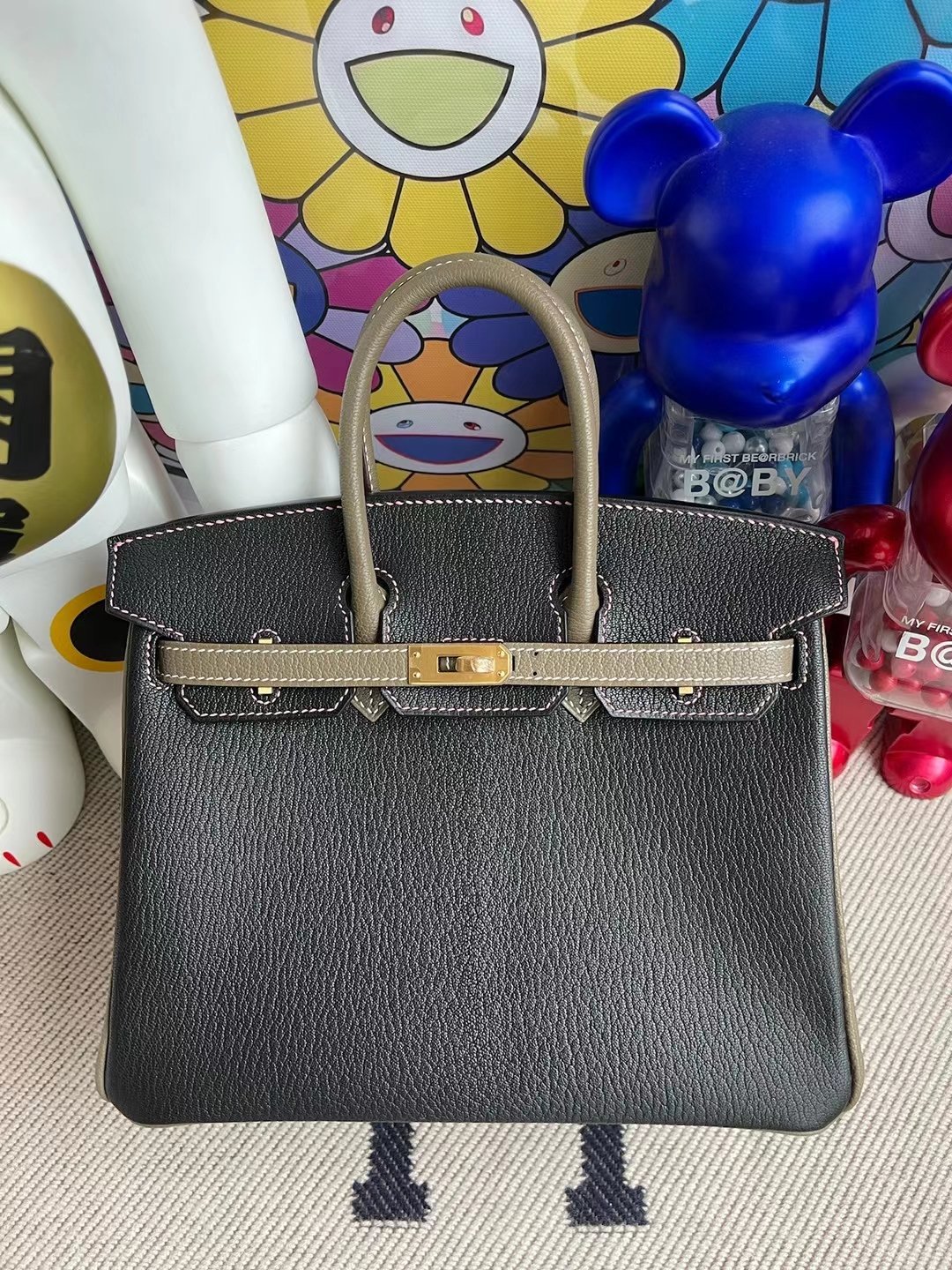 Uncle Bench Hermes Birkin 25cm Chevre Ck89 Black & Ck18 Etoupe & 1Q creamy pink Gold Hardware Full Handmade