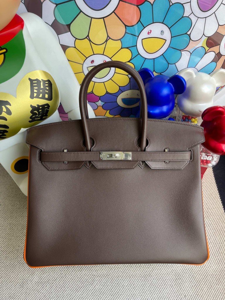 Uncle Bench Hermes Birkin 35cm Swift chocolate & orange Silver Hardware Full Handmade