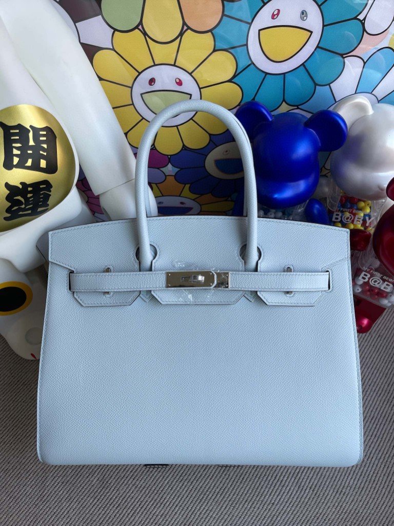 Uncle Bench Hermes Birkin 30cm Epsom T0 blue fog Silver Hardware Full Handmade