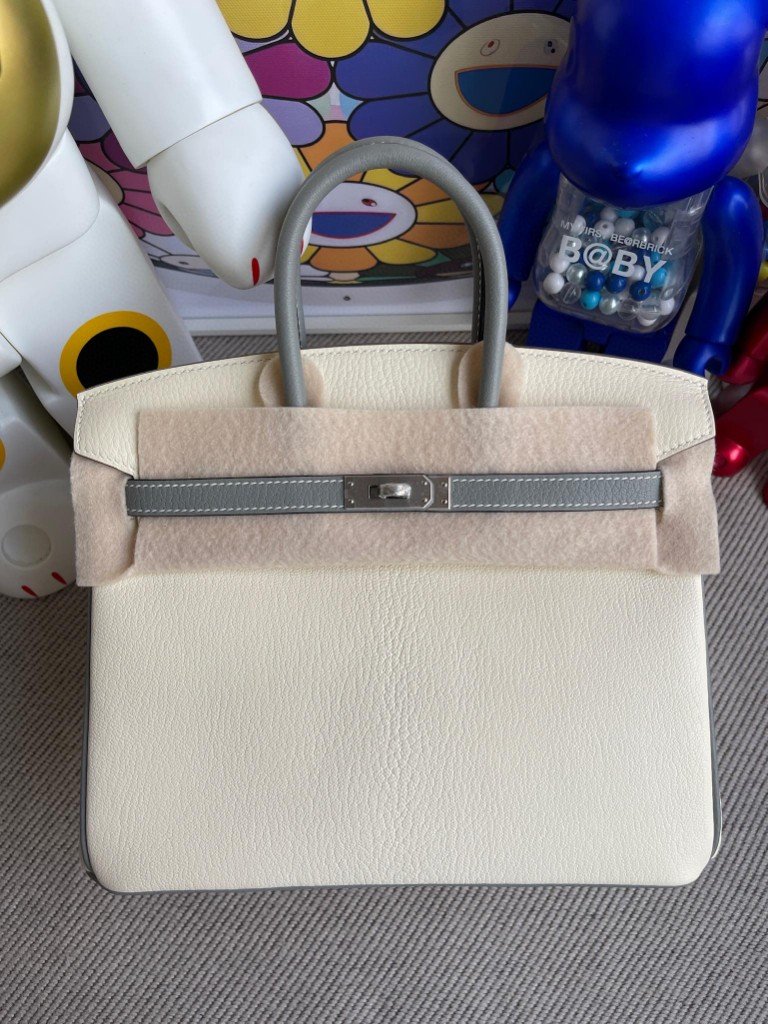 Uncle Bench Hermes Birkin 25cm Chevre Craie & Almond green Silver Hardware Full Handmade
