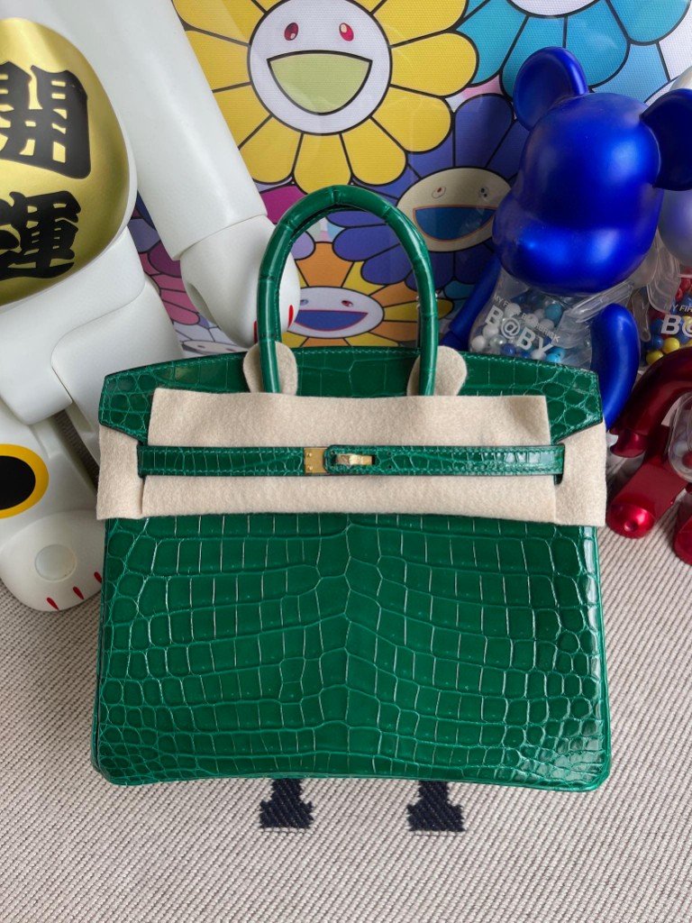Uncle Bench Hermes Birkin 25cm Crocodile shiny 6Q jade green Gold Hardware Full Handmade