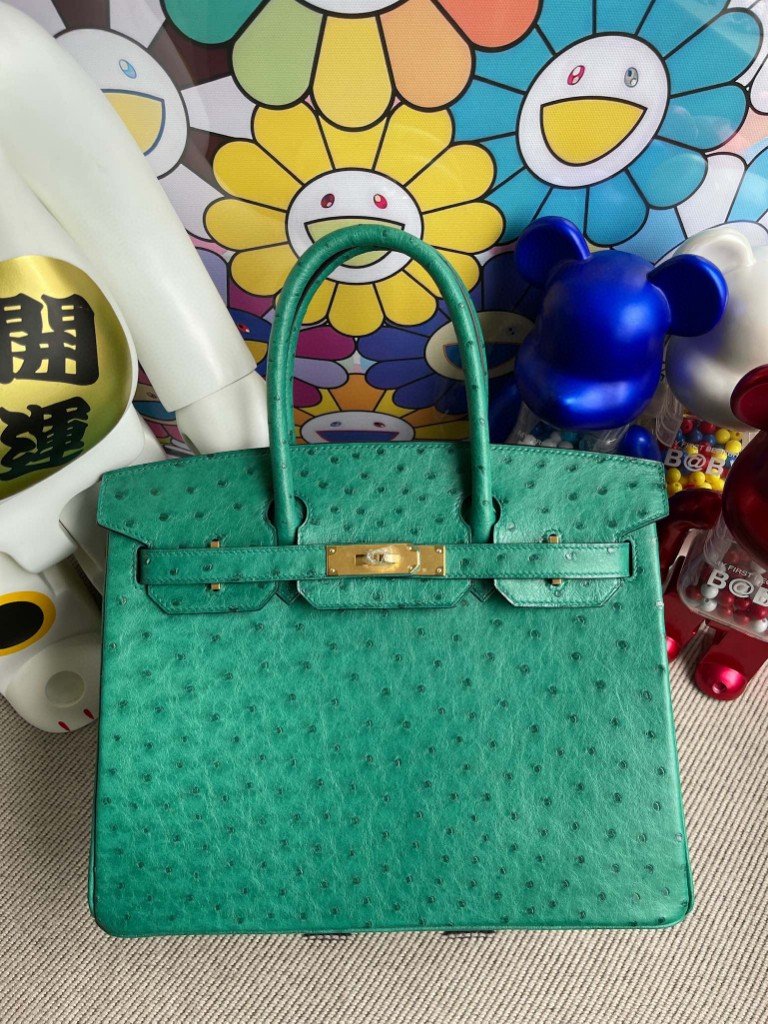 Uncle Bench Hermes Birkin 30cm Ostrich kk U4 Velvet green & lipstick pink Gold Hardware Full Handmade