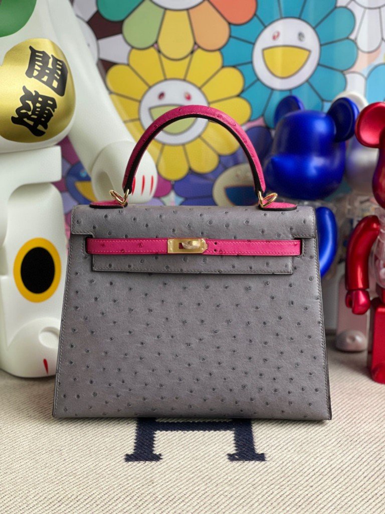 Uncle Bench Hermes Kelly 25cm KK Ostrich Agate grey & pink Gold Hardware Full Handmade