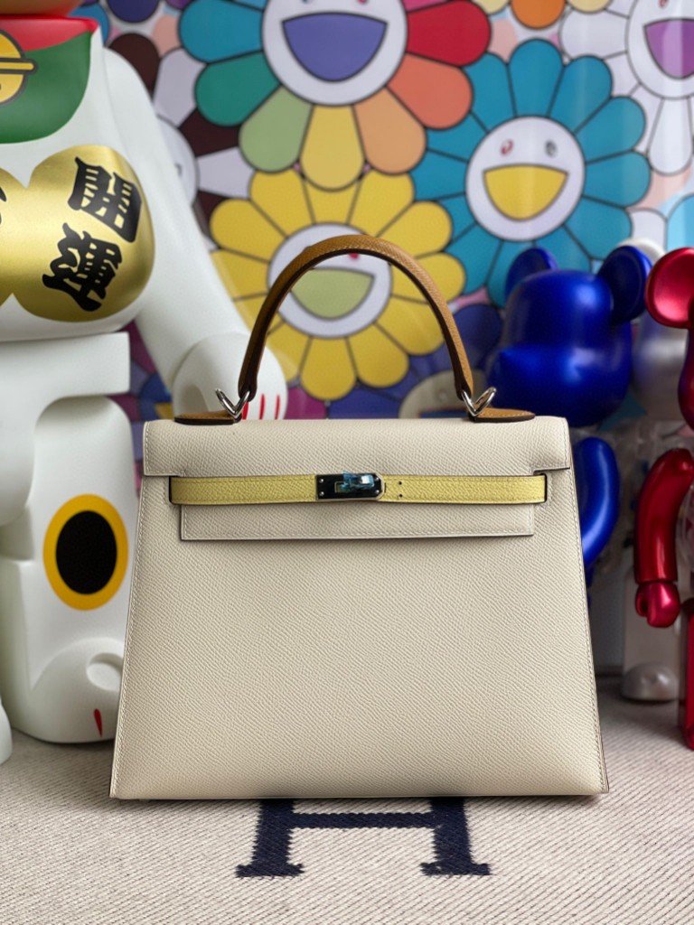 Uncle Bench Hermes Kelly 25cm Epsom Craie & Sesame yellow & Lemon yellow Silver Hardware Full Handmade