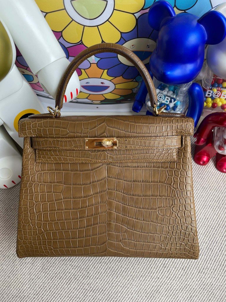 Uncle Bench Hermes Kelly 28cm porosus matt Golden brown Gold Hardware Full Handmade