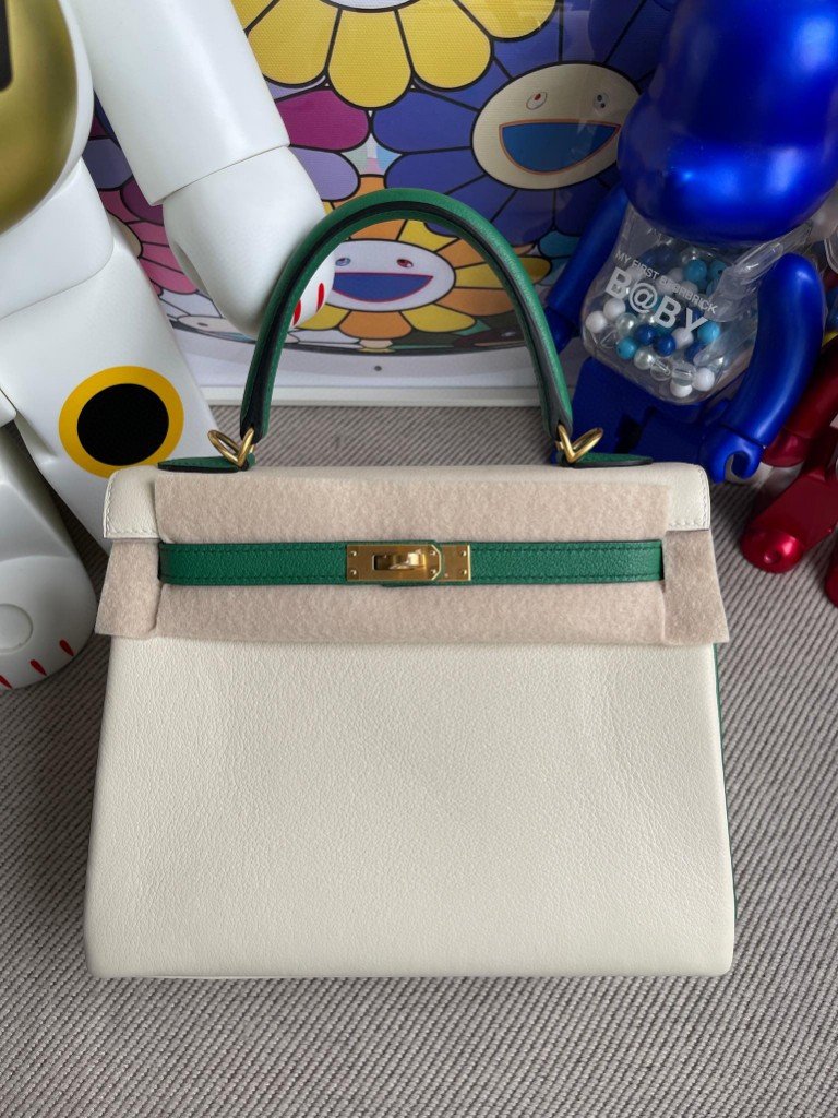 Uncle Bench Hermes Kelly 25cm Evecolor ck10 Craie & Velvet green Gold Hardware Full Handmade