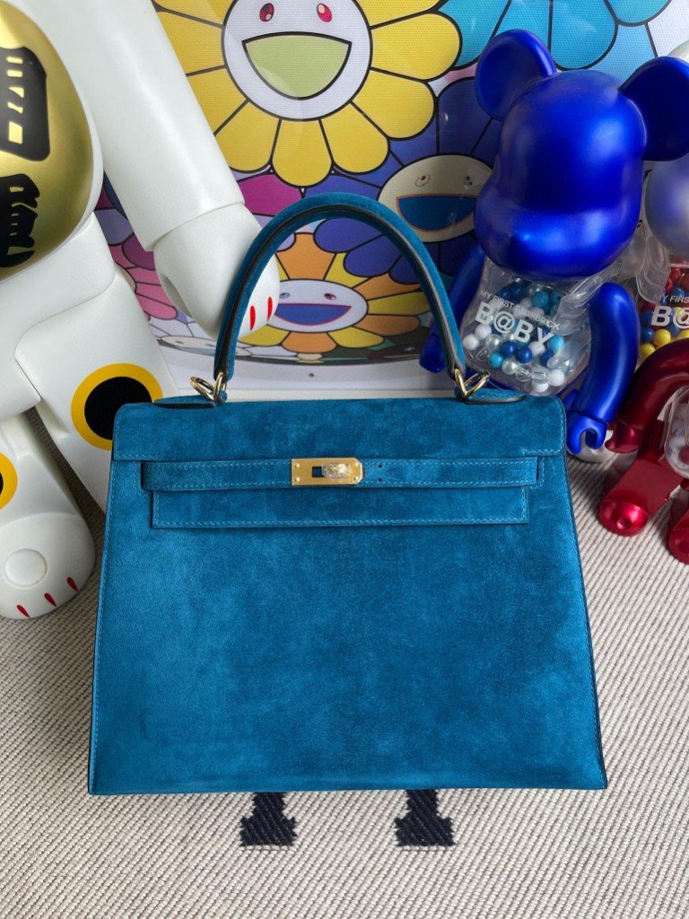 Uncle Bench Hermes Kelly 25cm chamois blue Gold Hardware Full Handmade