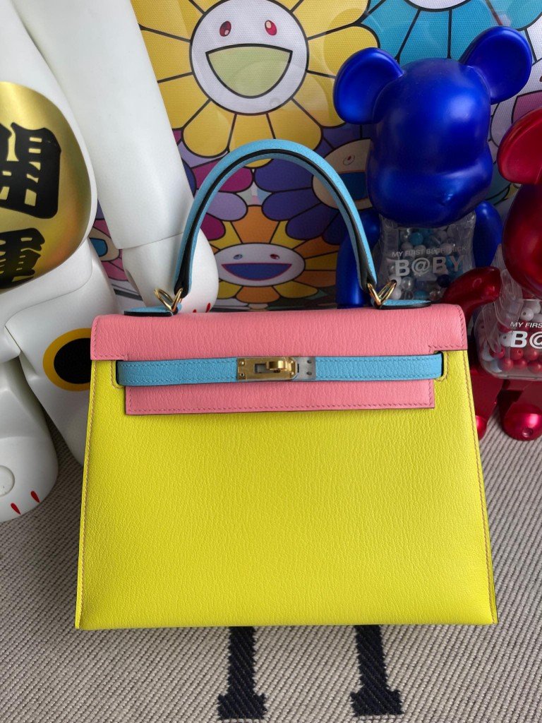 Uncle Bench Hermes Kelly 25cm Chevre yellow & blue & pink Gold Hardware Full Handmade