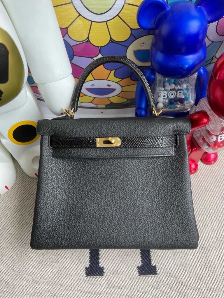 Uncle Bench Hermes Kelly 25cm Togo & lizard Black Gold Hardware Full Handmade
