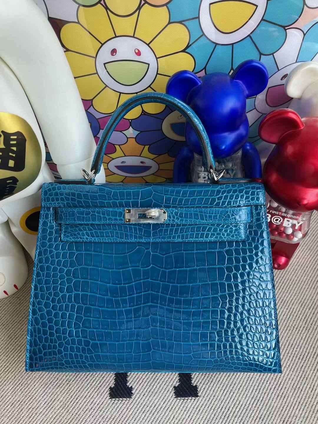 Uncle Bench Hermes Kelly 28cm shiny alligator crocodile 7w Izmir blue Silver Hardware Full Handmade