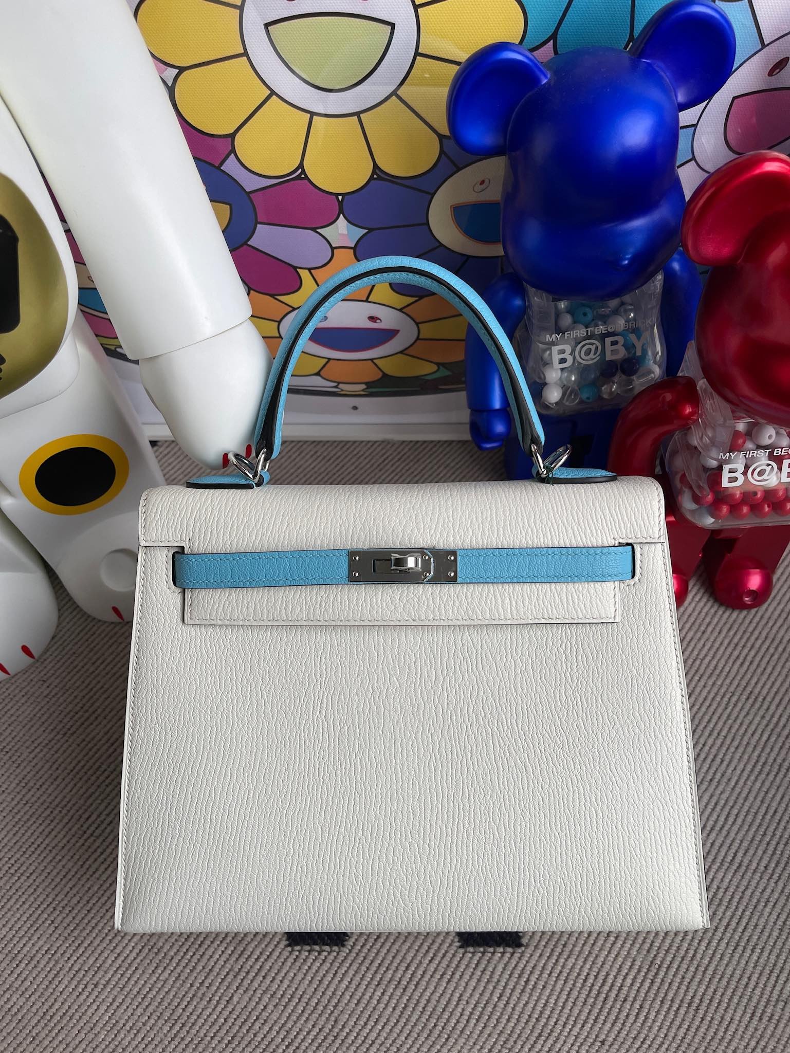 Uncle Bench Hermes Kelly 25cm Chevre white & Candy blue Silver Hardware Full Handmade