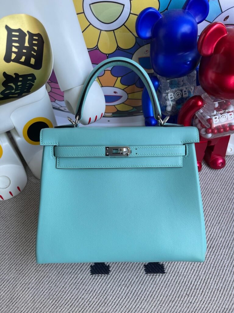 Uncle Bench Hermes Kelly 25cm Swift 3p Lake blue & 3Q pink Silver Hardware Full Handmade