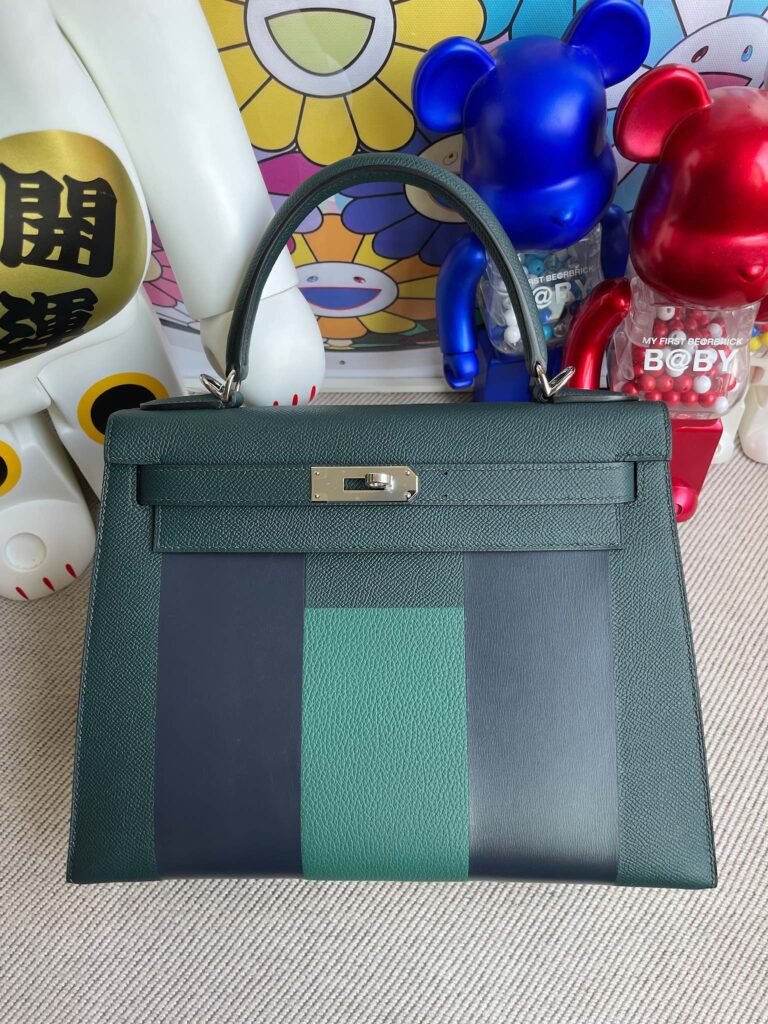 Uncle Bench Hermes Kelly 28cm Epsom letter handbag Cypress green Silver Hardware Full Handmade