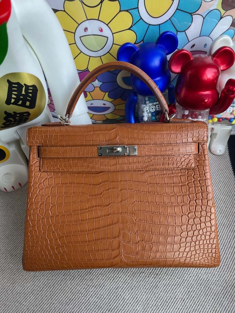 Uncle Bench Hermes Kelly 32cm Porosus matt crocodile Golden brown Silver Hardware Full Handmade