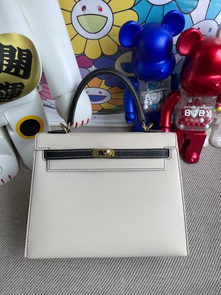 Uncle Bench Hermes Kelly 28cm Epsom Ck10 creamy white & Ck8 black Gold Hardware Full Handmade