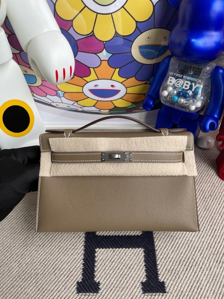 Uncle Bench Hermes kelly pochette Epsom ck18 Etoupe Silver Hardware 22cm Full Handmade