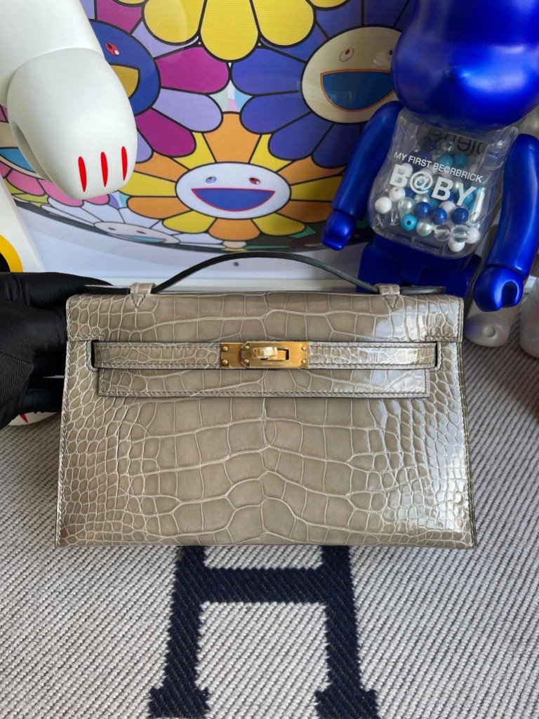 Uncle Bench Hermes kelly pochette Alligator shiny ck81 Gris T Gold Hardware 22cm Full Handmade