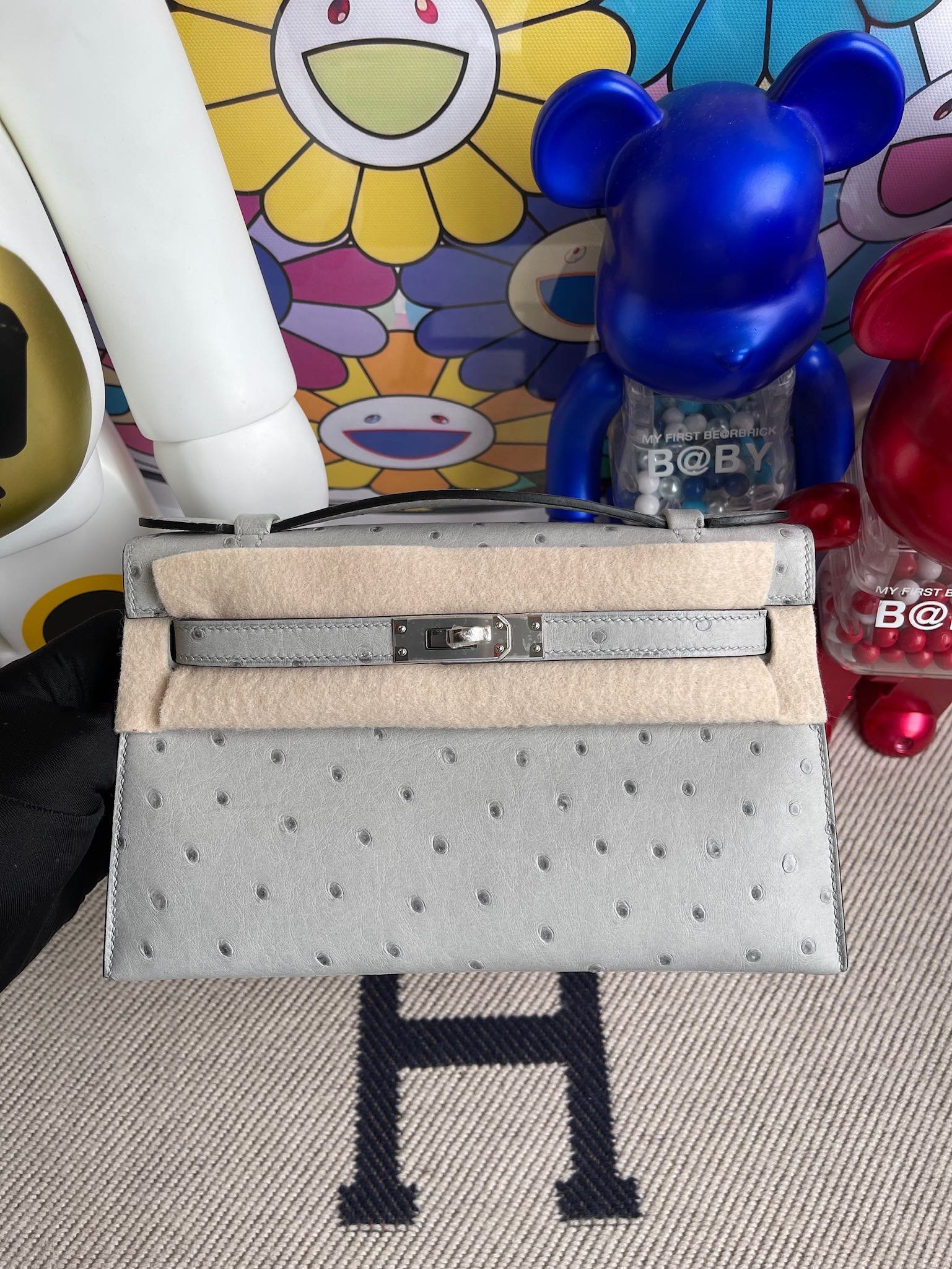 Uncle Bench Hermes kelly pochette Ostrich kk 8U Glacier Gray Silver Hardware 22cm Full Handmade