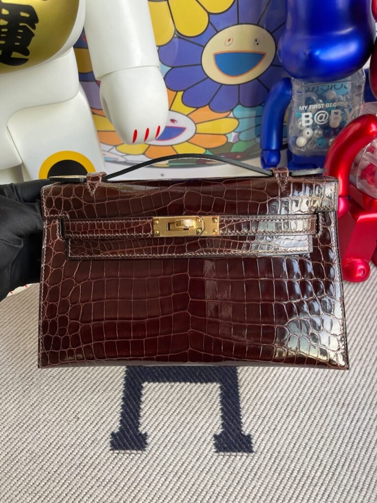 Uncle Bench Hermes kelly pochette Alligator shiny brown Gold Hardware 22cm Full Handmade