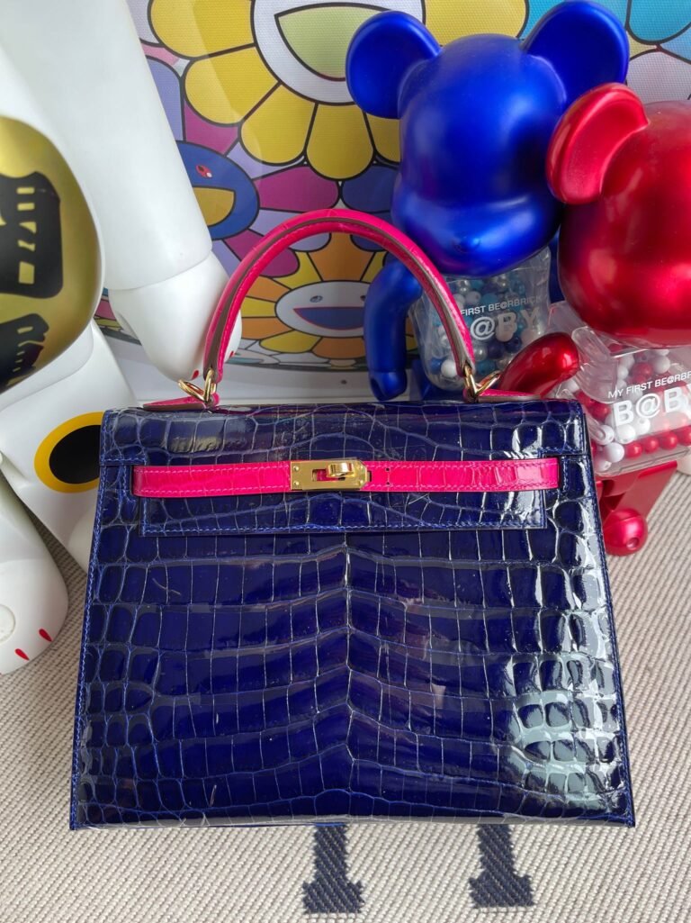 Uncle Bench Hermes kelly Crocodile shiny 7T Blue & J5 Rose red Gold Hardware 25cm Full Handmade