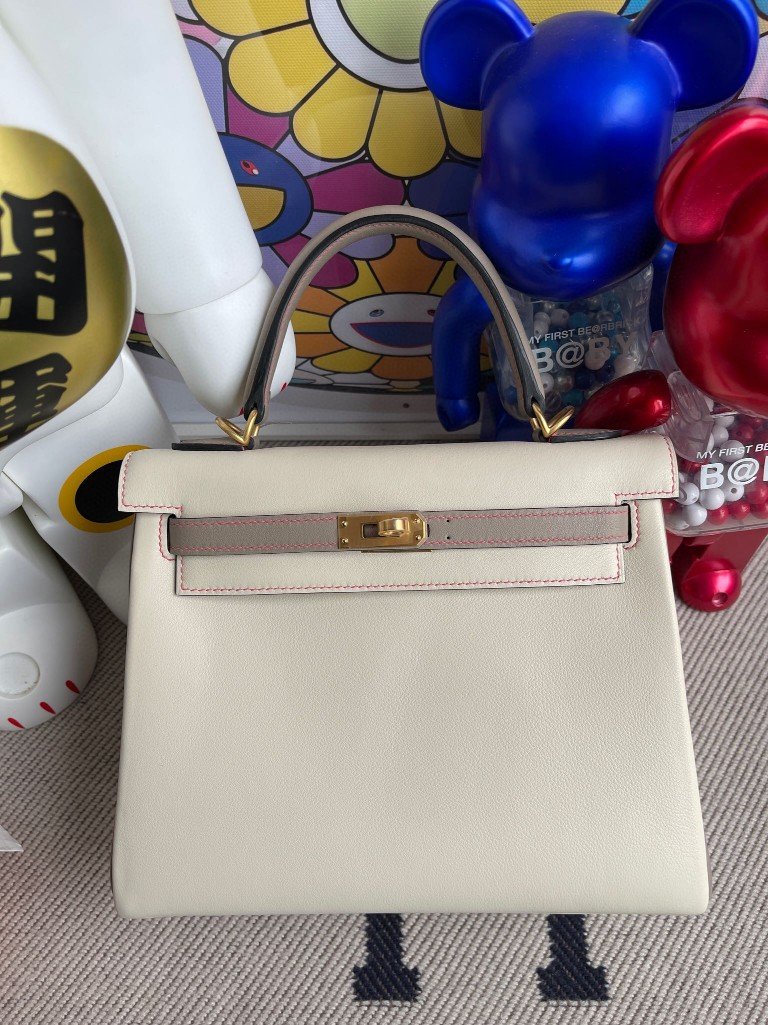 Uncle Bench Hermes kelly Swift ck10 Craie & M8 Gris Asphalte matting Gold Hardware 25cm Full Handmade