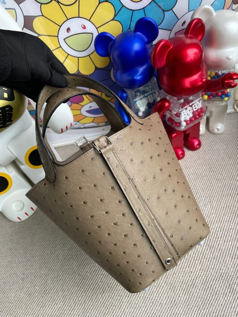 Uncle Bench Hermes Picotin Ostrich kk Etoupe Silver Hardware 18cm Full Handmade