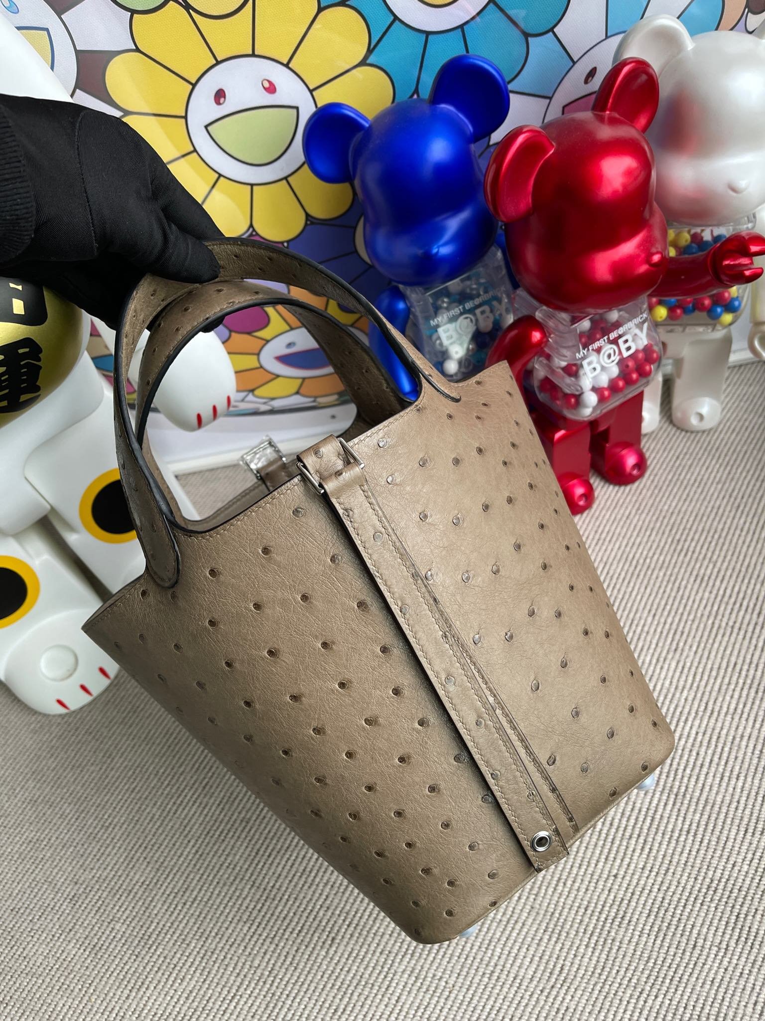 Uncle Bench Hermes Picotin Ostrich kk Etoupe Silver Hardware 18cm Full Handmade