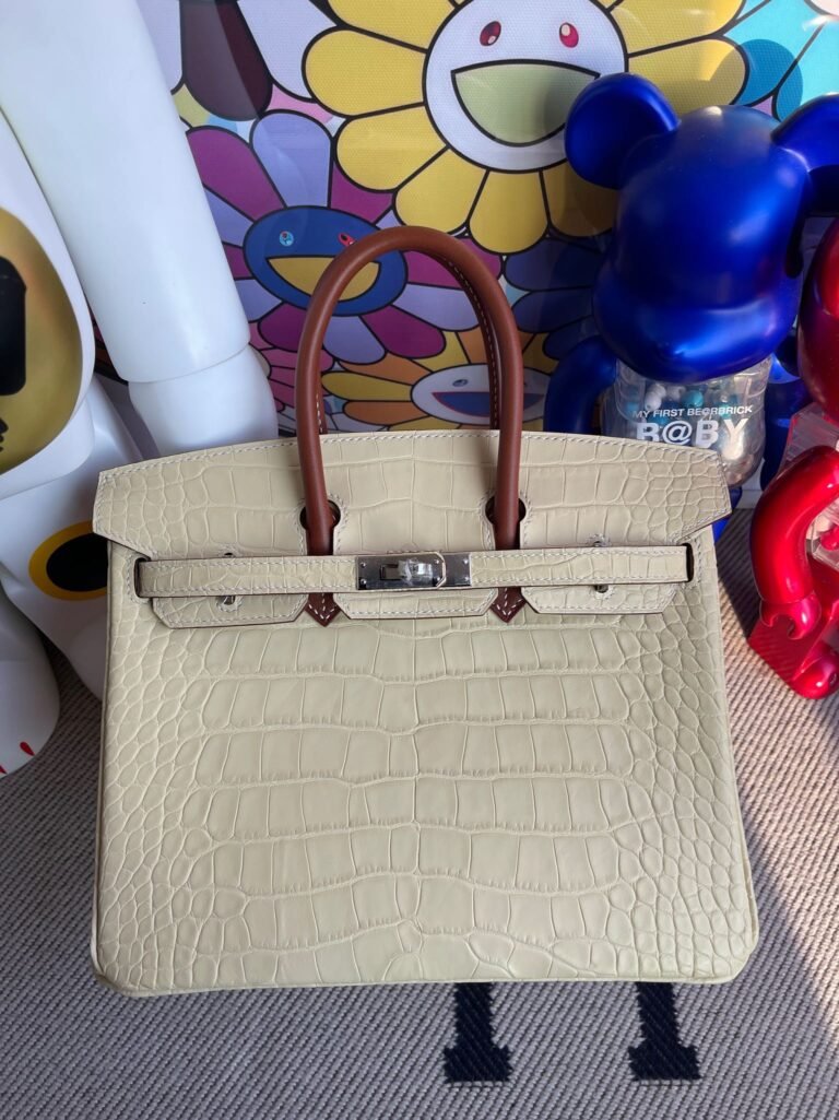 Uncle Bench Hermes Birkin Alligator matt & Barenia Vanilla white & Golden Silver Hardware 25cm Full Handmade