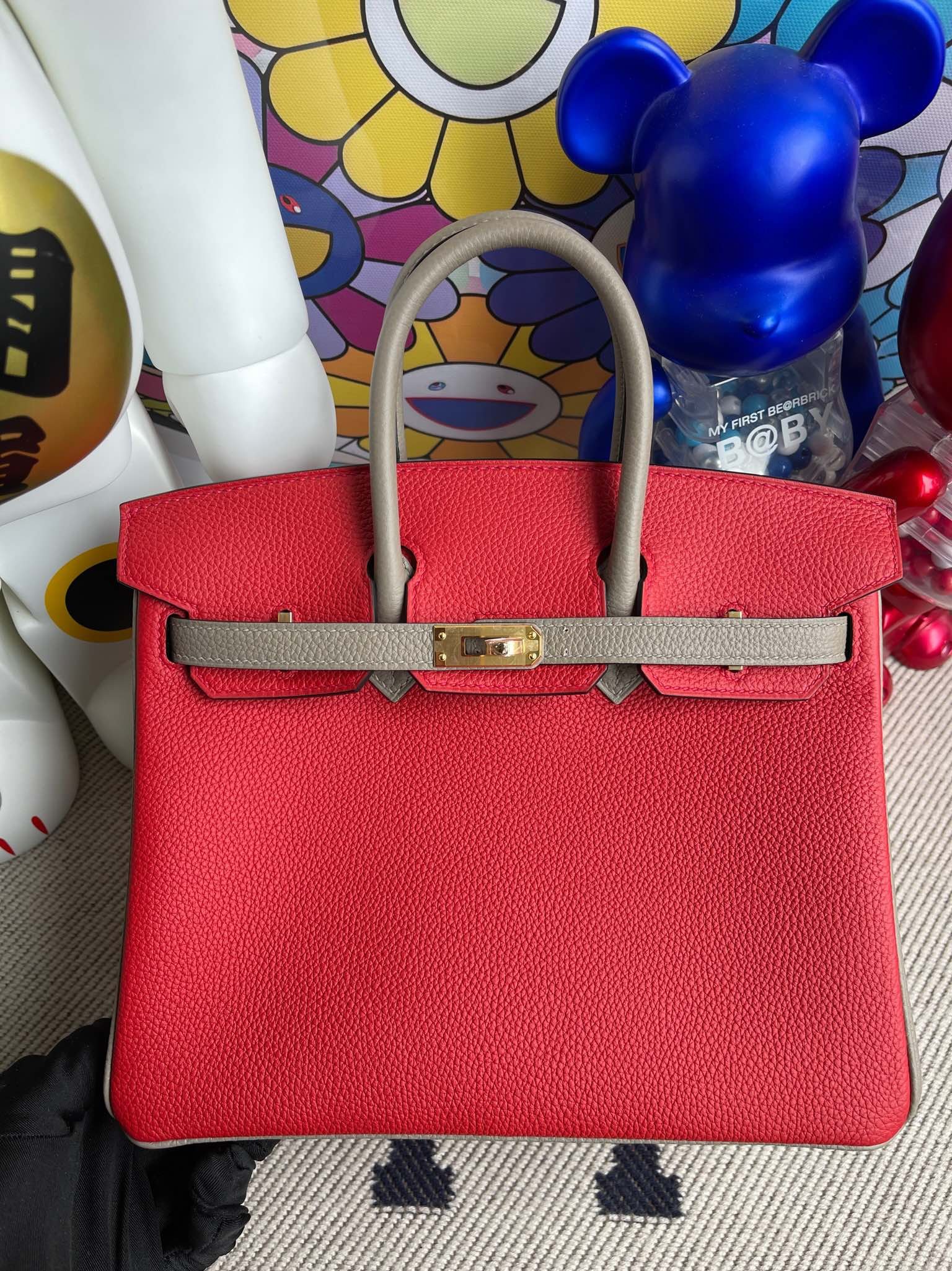 Uncle Bench Hermes Birkin togo Q5 Rouge Cassque & M8 Gris Asphalte Gold Hardware 25cm Full Handmade
