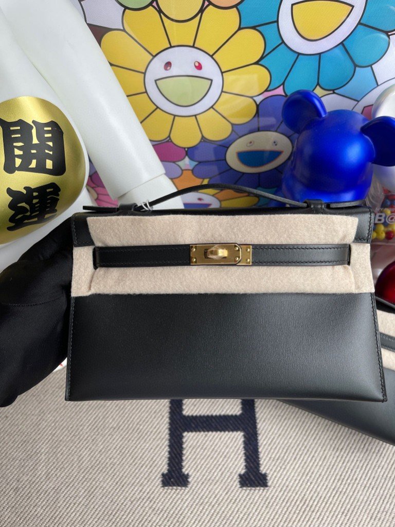 Uncle Bench Hermes Mini kelly pochette Boxcalf Noir Gold Hardware 22cm Full Handmade