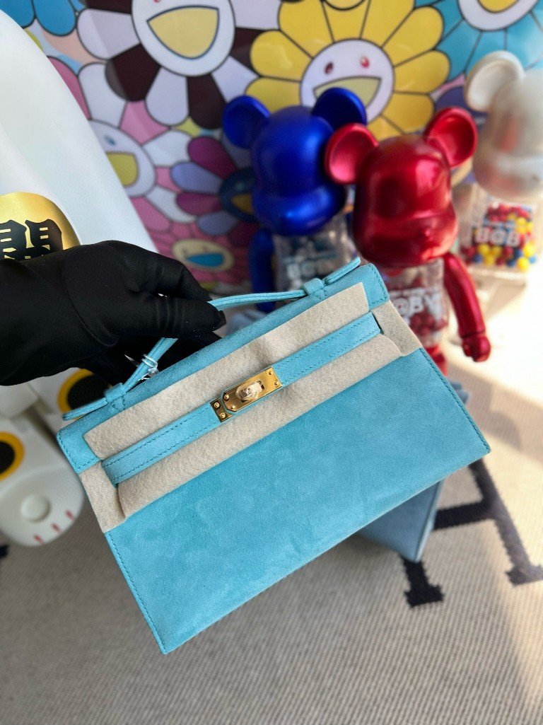 Uncle Bench Hermes Mini pochette suede chamois macaron blue Gold Hardware 22cm Full Handmade