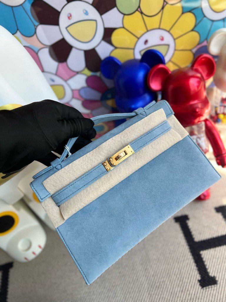 Uncle Bench Hermes Mini pochette suede chamois Blue Agate Gold Hardware 22cm Full Handmade