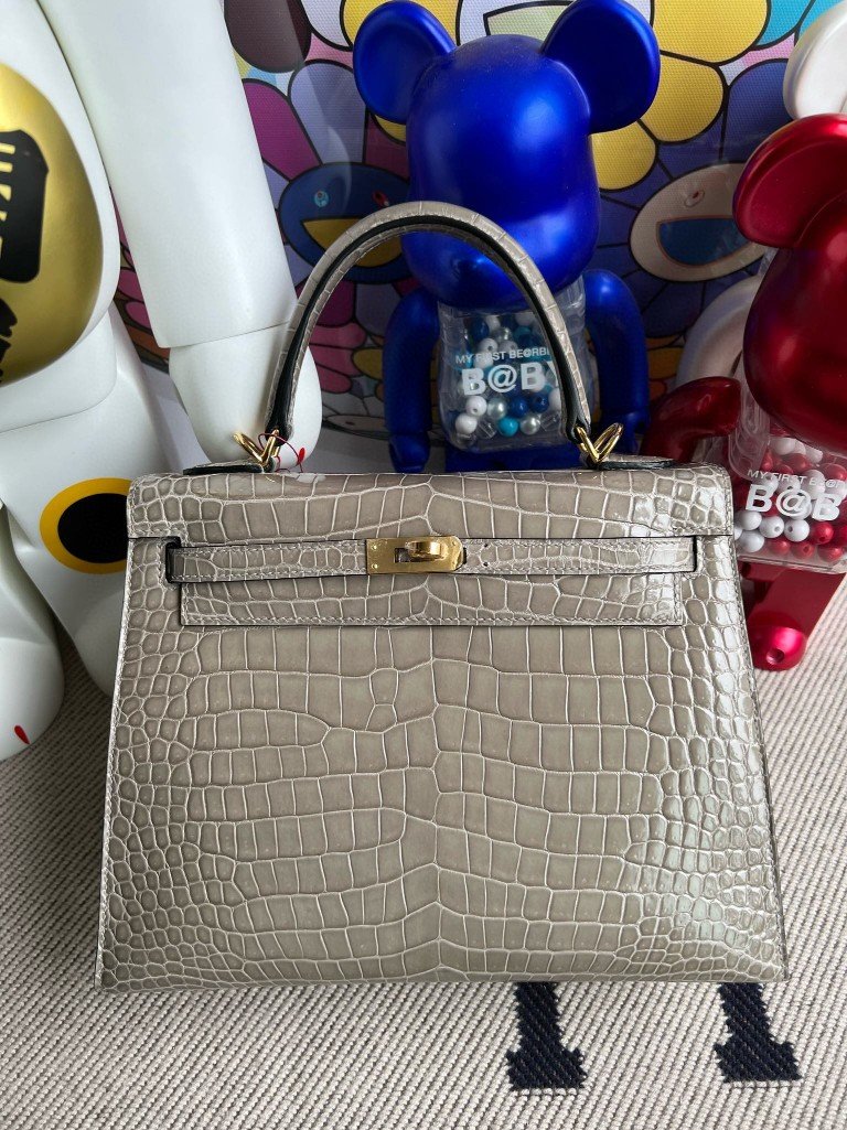 Uncle Bench Hermes Kelly Porosus shiny ck81 Gris T Gold Hardware 25cm Full Handmade