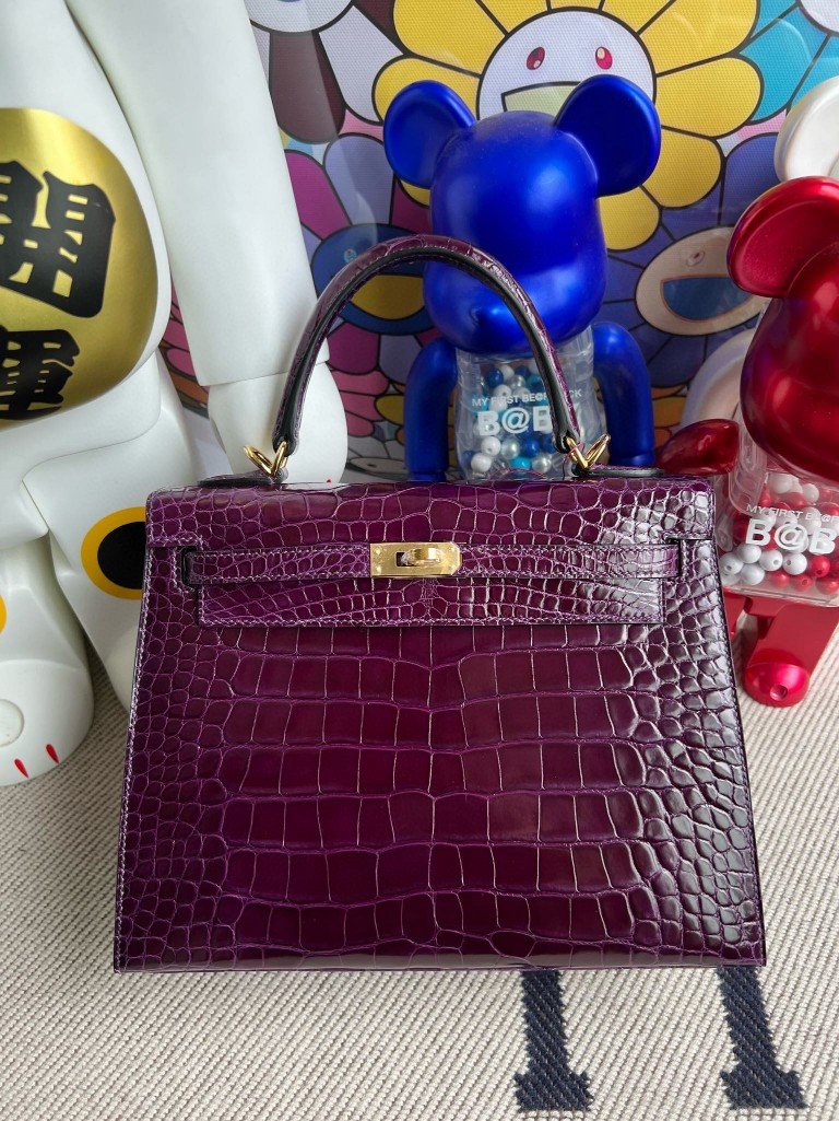 Uncle Bench Hermes Kelly Alligator shiny Dark purple Gold Hardware 25cm Full Handmade